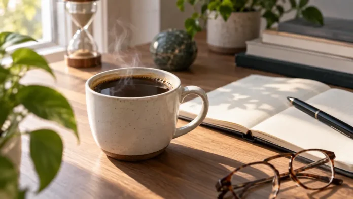 Kahve, dikkat ve uyanıklık hissini temsil eden çalışma masası